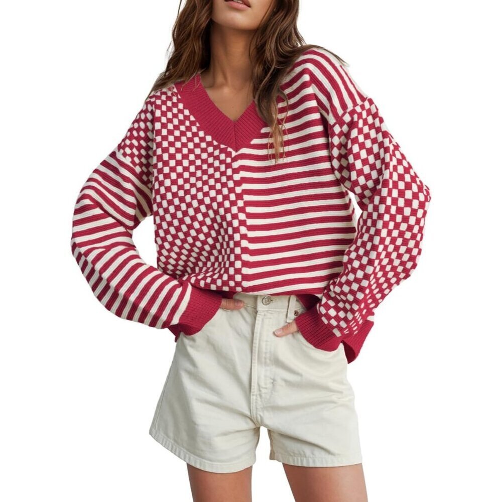 Women's Red Striped Checkered V Neck Casual Knit Trendy Pullover Sweaters